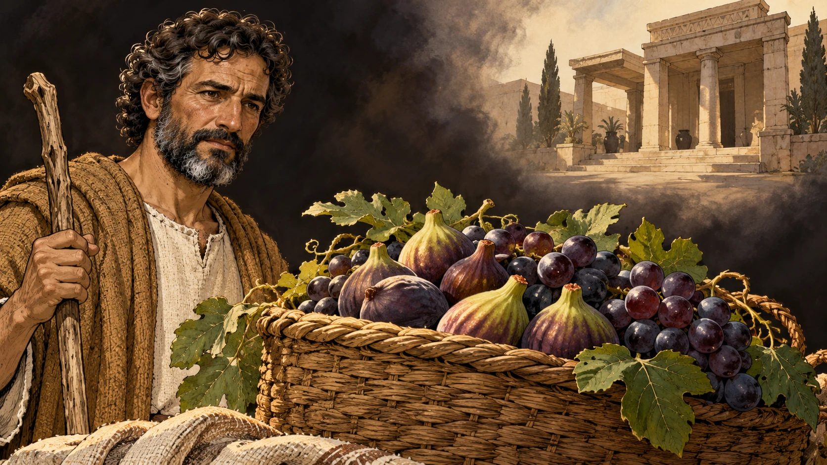 Amos looks toward a fruit basket within a dark visionary plane.