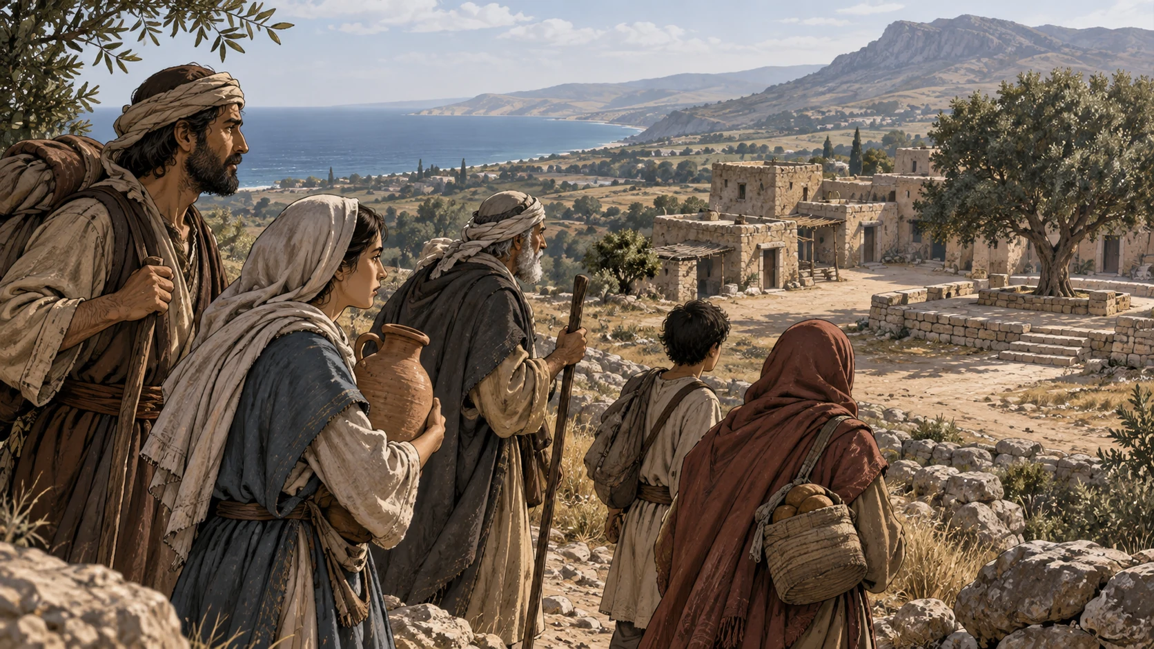 Travelers search a broad silent landscape toward an empty meeting place.