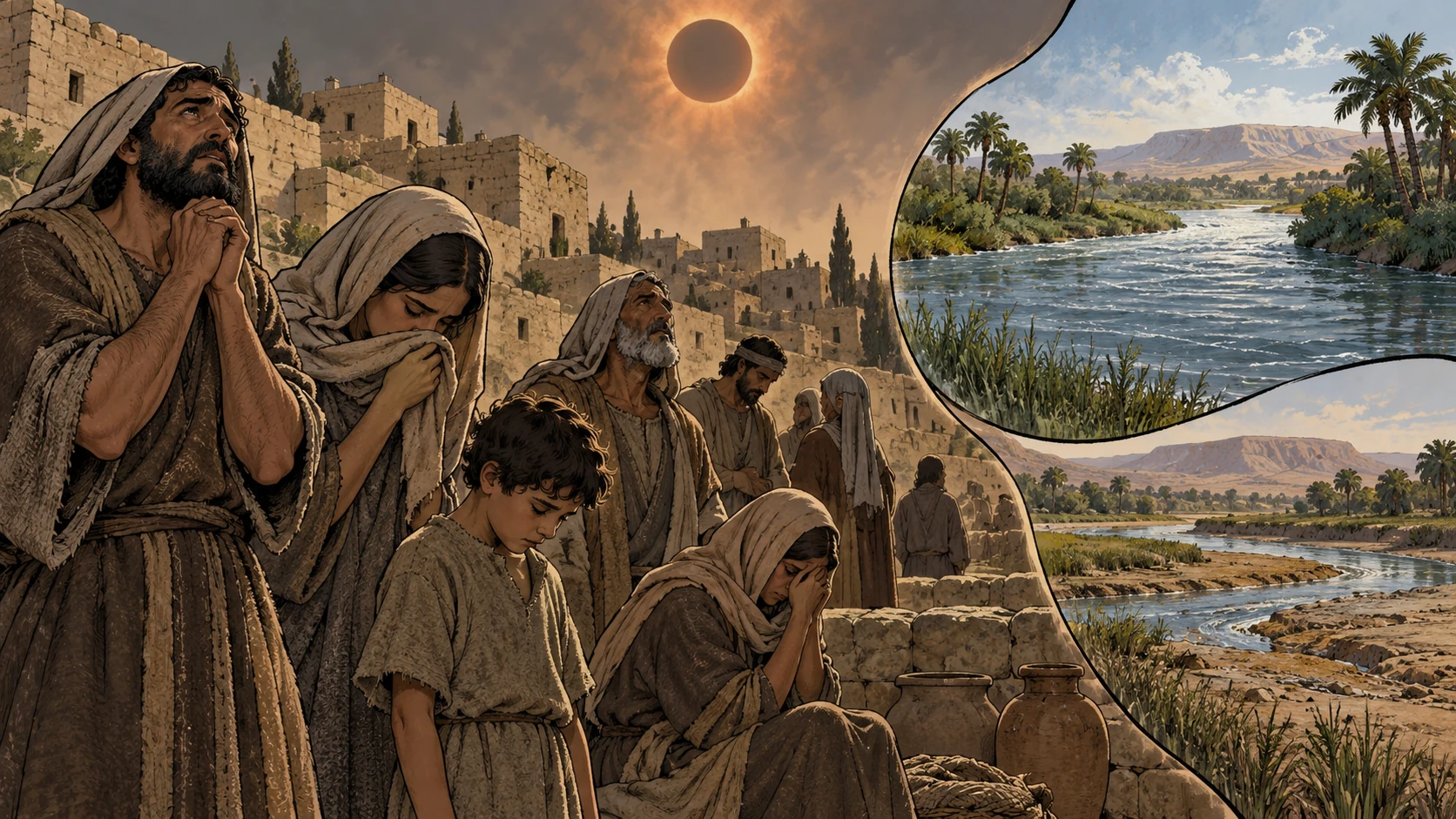 A darkened midday sky hangs above mourners and a separated river motif.