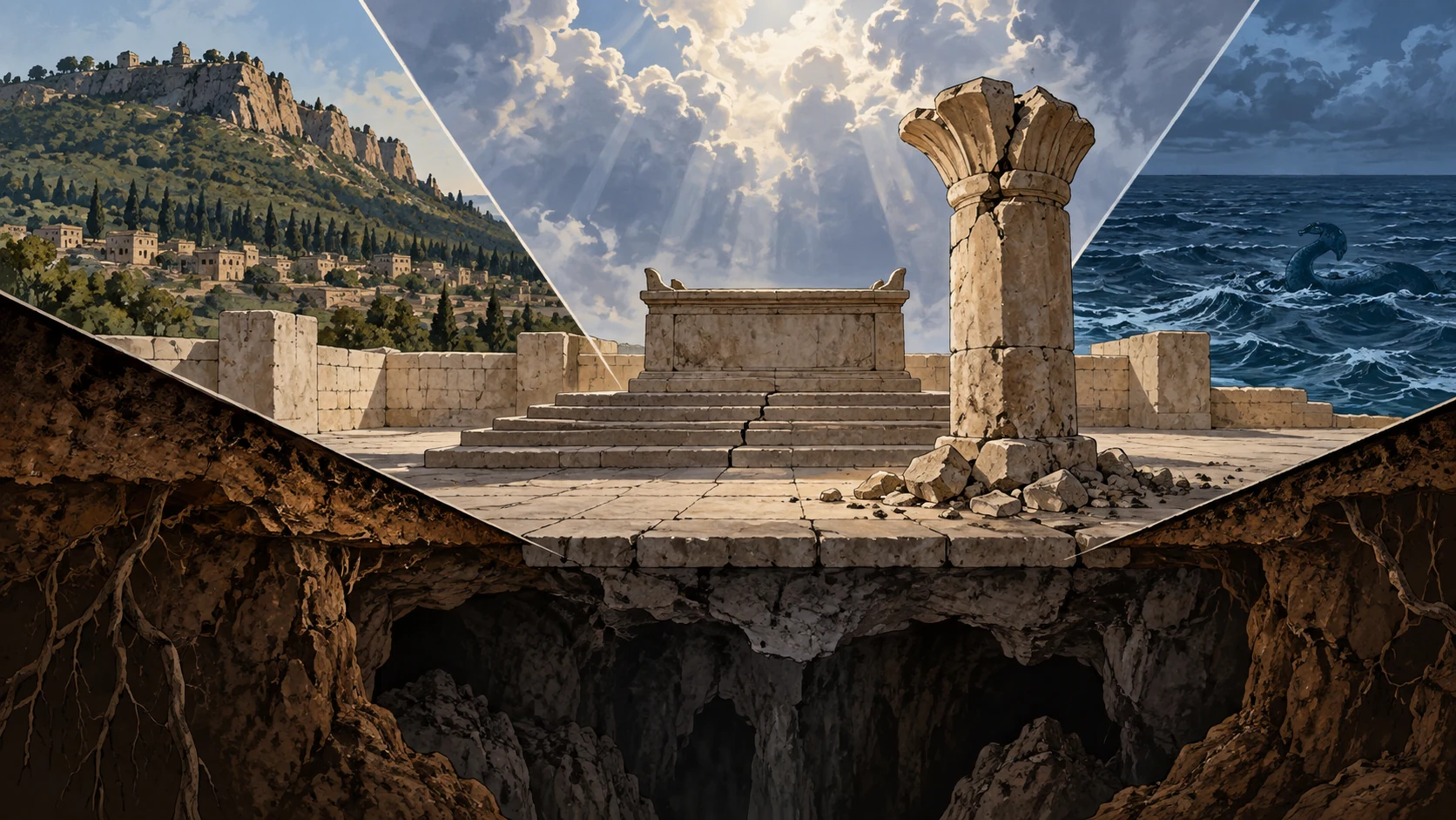 A cracked altar court is surrounded by separate planes of earth, sky, mountain, and deep sea.