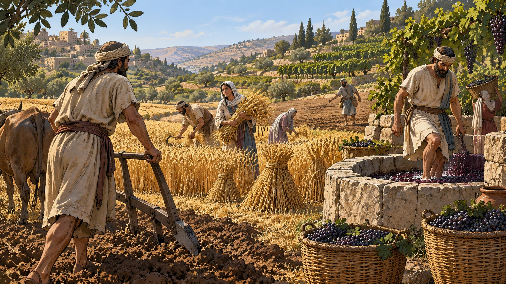 Reapers, a plowman, a grape vat, and a sower share fertile terraces.