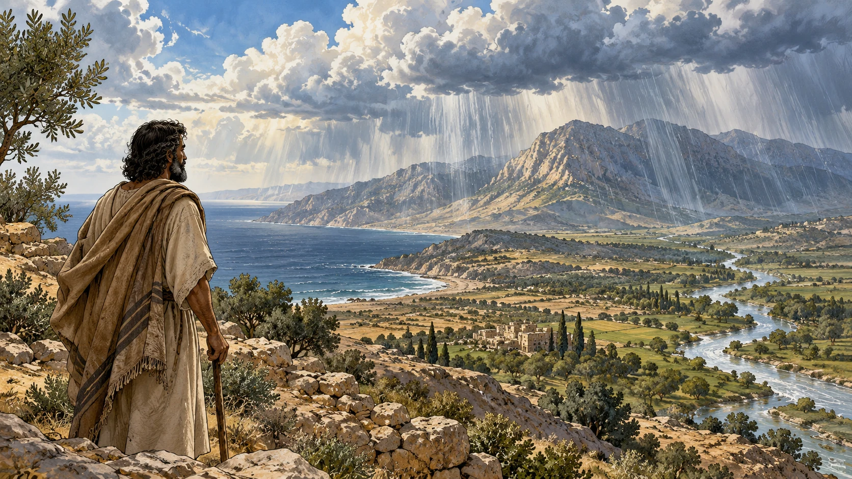 Mountains, sea, rain, and cloud arches fill a vast poetic landscape.