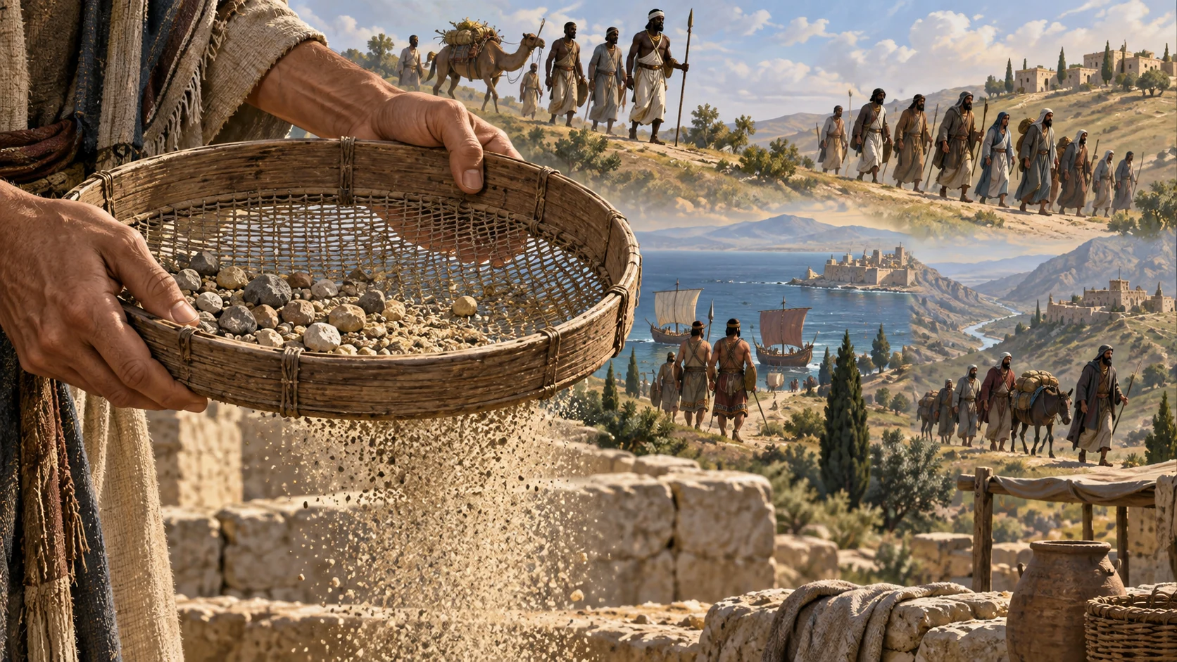 An ancient sieve retains pebbles above distant land and sea travel groups.