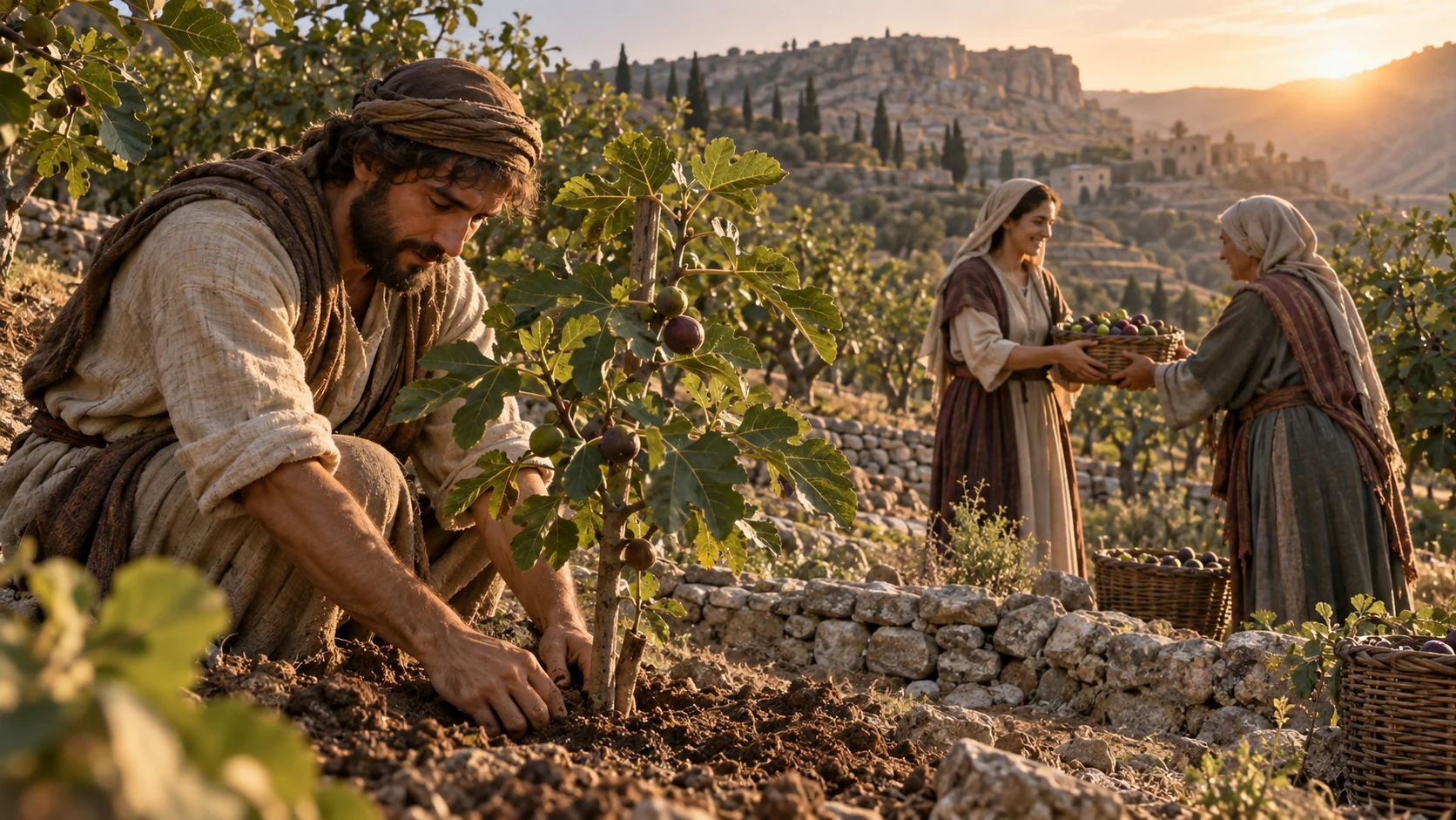 An orchard and shared harvest illustrate the prayer for fruitful lives.