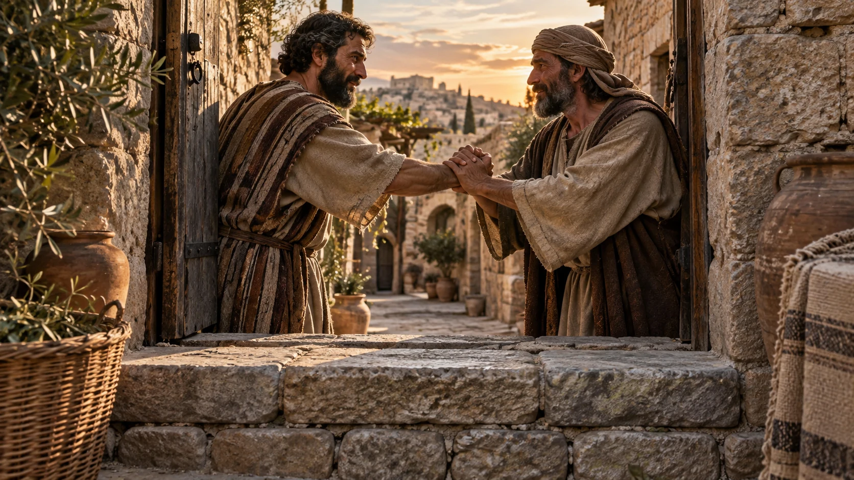 Estranged neighbors meet across a strong stone threshold in a visual metaphor of reconciliation.