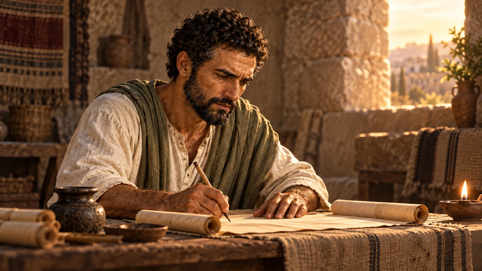 Paul works over an unlettered parchment as he describes his labor for the church.