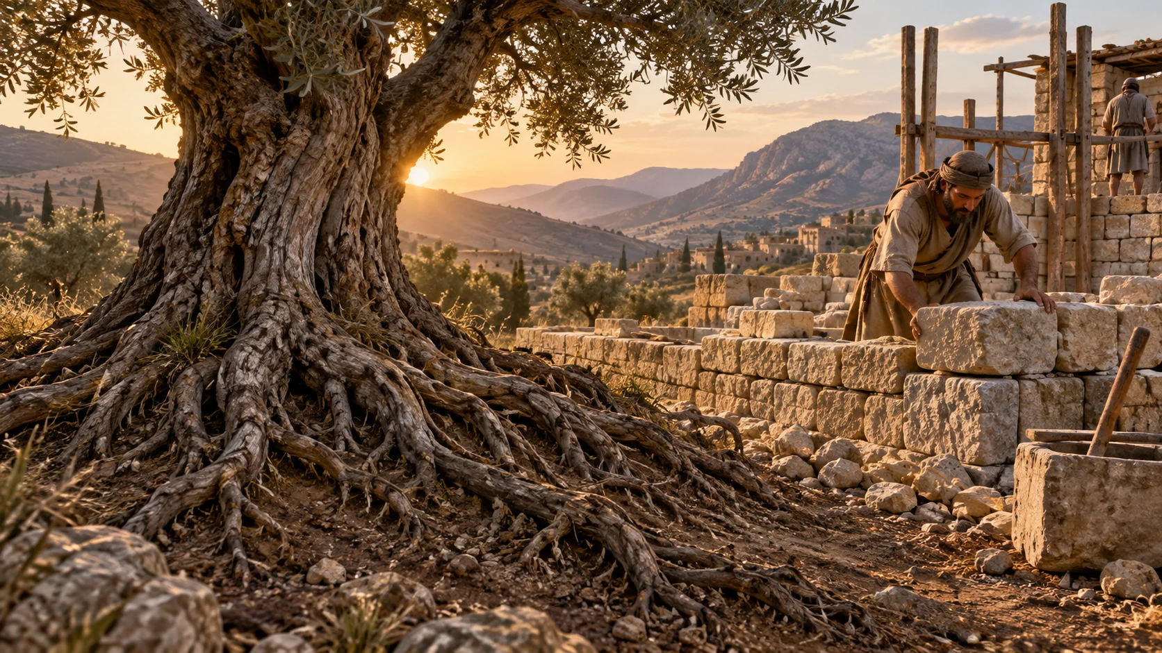 Deep tree roots and a rising stone wall give form to Paul’s paired metaphors.