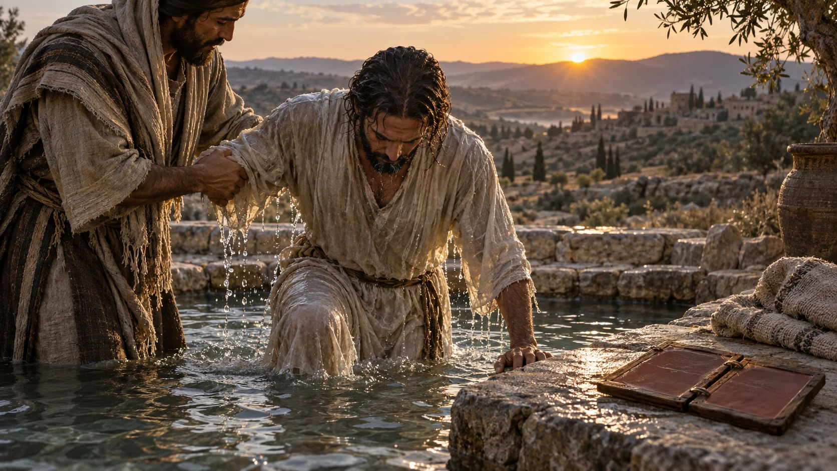 A baptism and erased wax tablet visualize new life and the canceled record of debt.