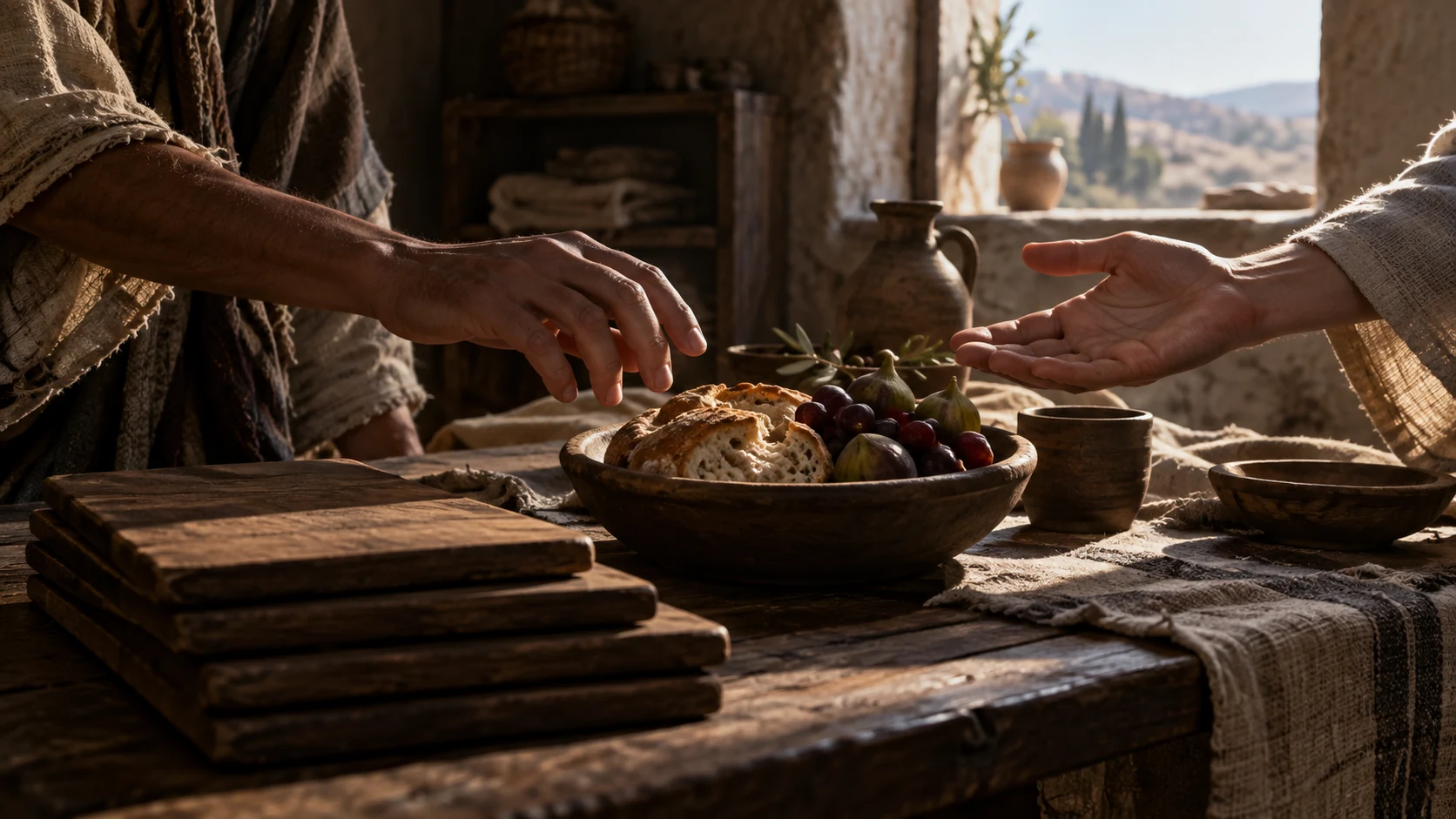 Blank rule tablets recede as hands welcome someone to a simple meal.