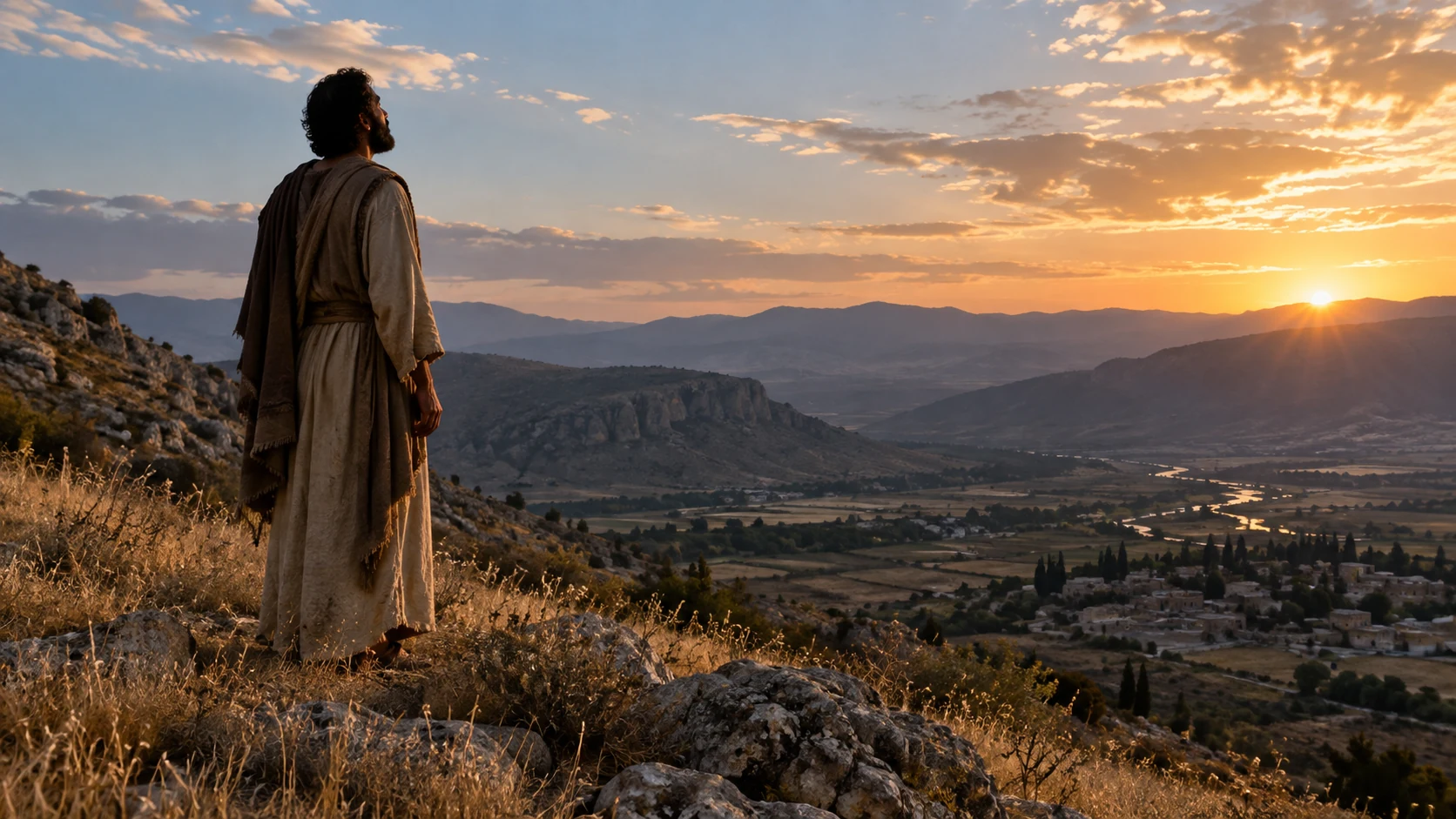 A figure lifts their gaze over the valley at sunrise.