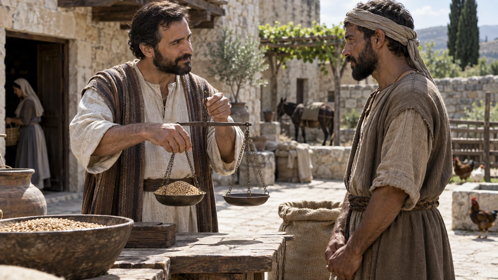 A manager weighs grain before a worker in a visual call to fairness.