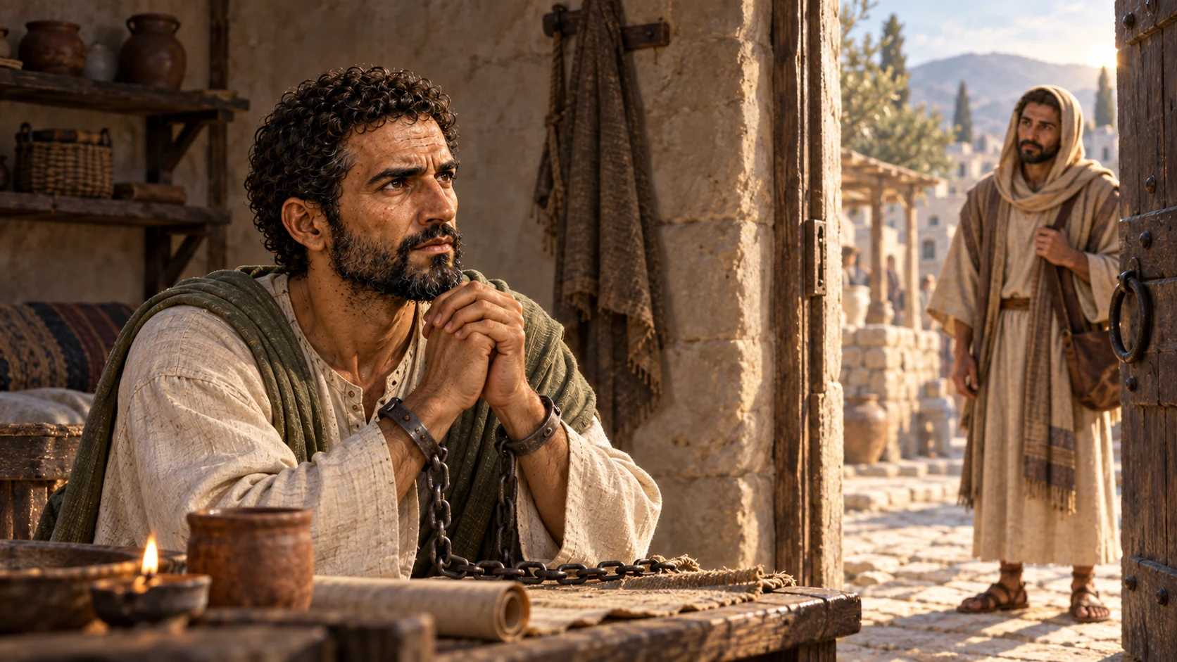 Paul prays near an open doorway while the letter asks for clear and gracious speech.