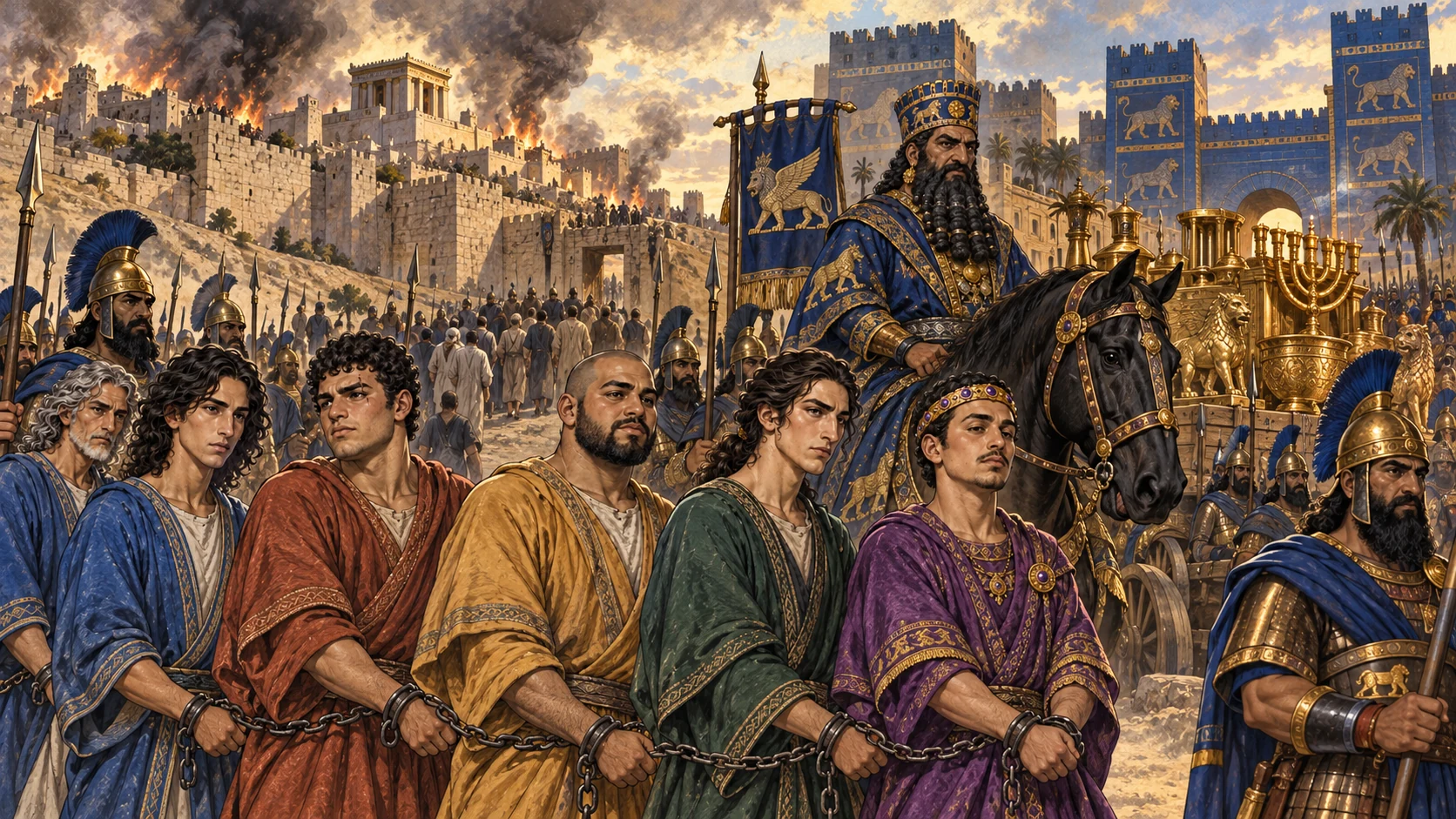 Nebuchadnezzar besieges Jerusalem; temple vessels are carried toward Babylon.