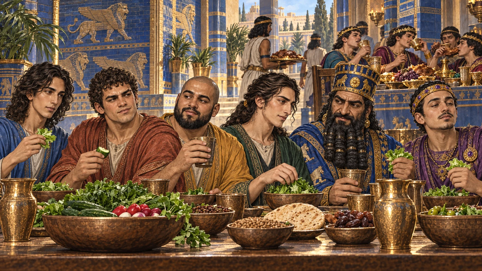 The four Judeans eat vegetables and water and appear healthier.