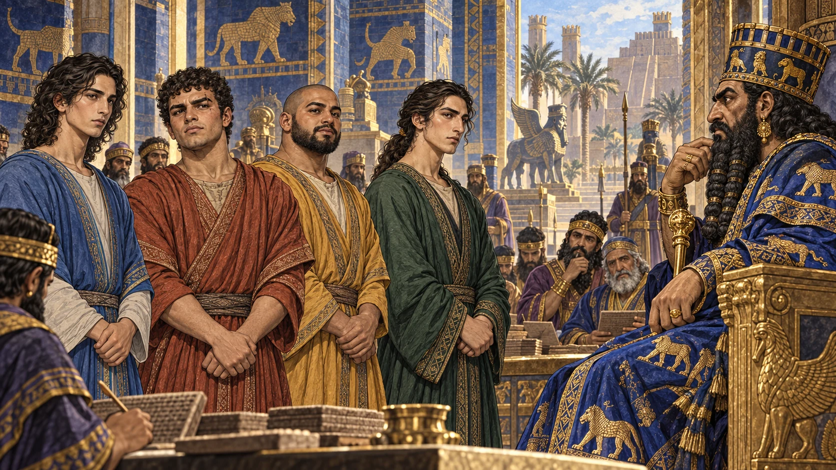 The four stand before Nebuchadnezzar and surpass the court scholars.