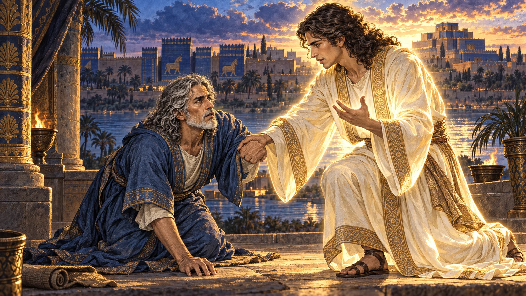 A hand lifts Daniel; the messenger explains delay and Michael’s help.