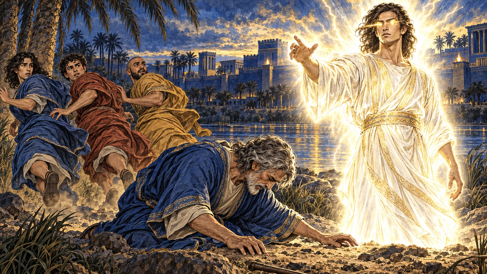 Daniel sees a radiant linen-clad figure; companions flee and Daniel collapses.