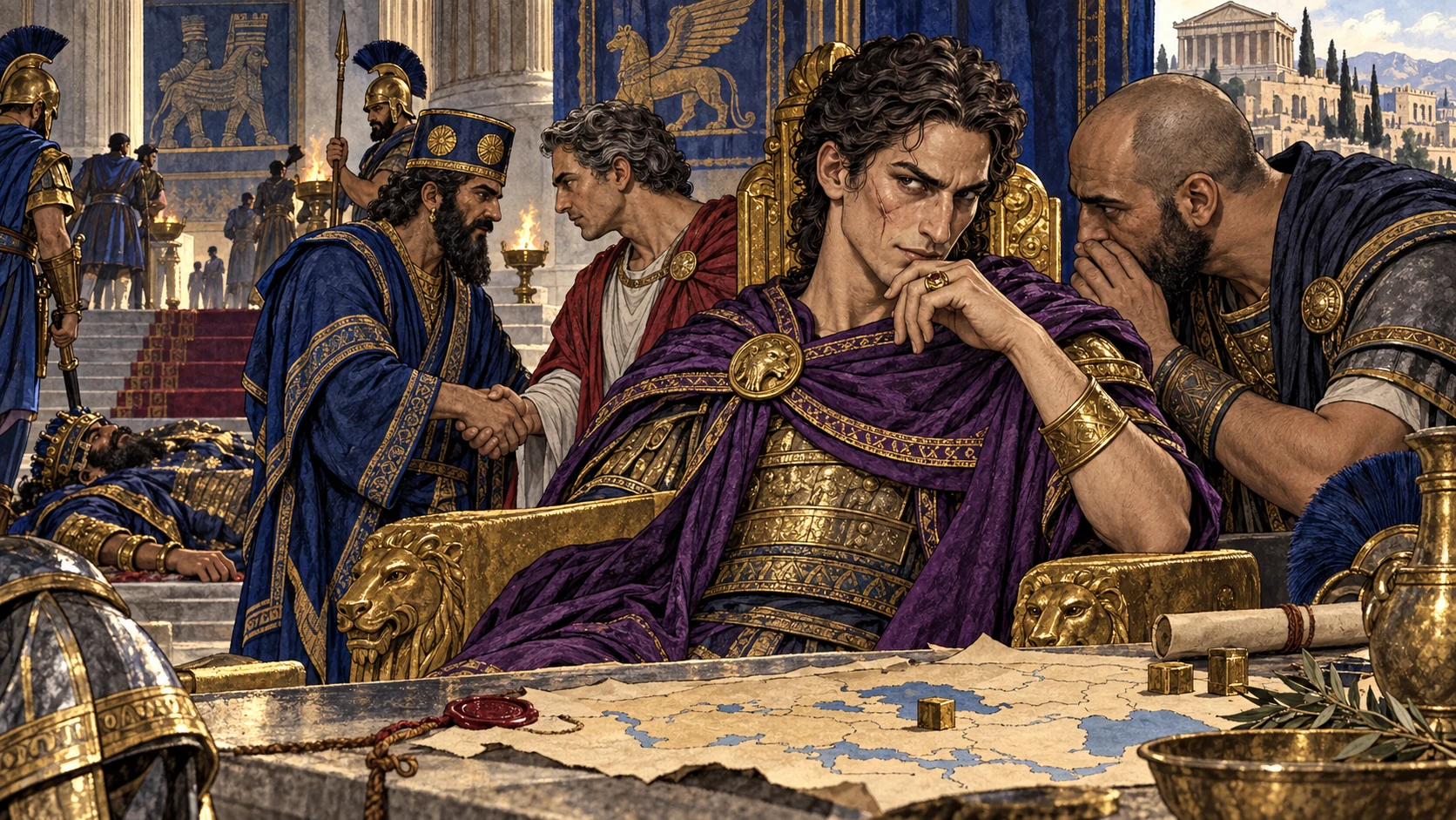 A schemer gains power through intrigue and distributes plunder.