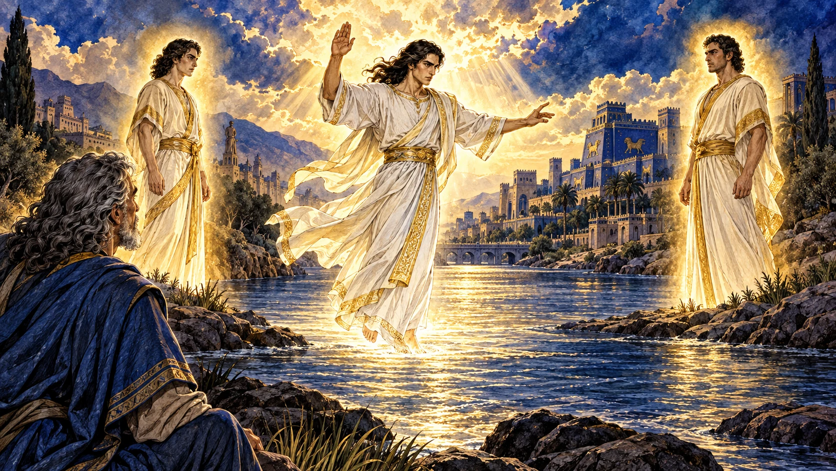 Two figures stand across the river as the linen-clad messenger swears about the appointed time.
