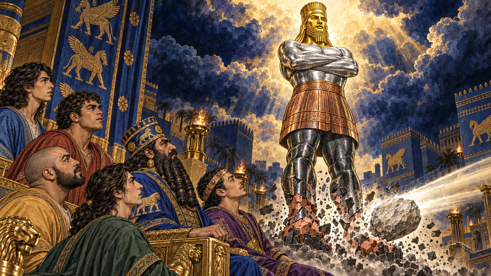 Dream vision of the gold, silver, bronze, iron, and clay statue struck by a stone.