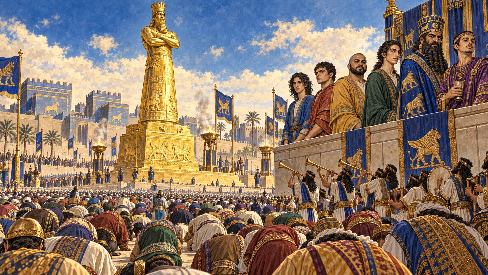 The giant gold image is dedicated and the gathered nations bow at the music.