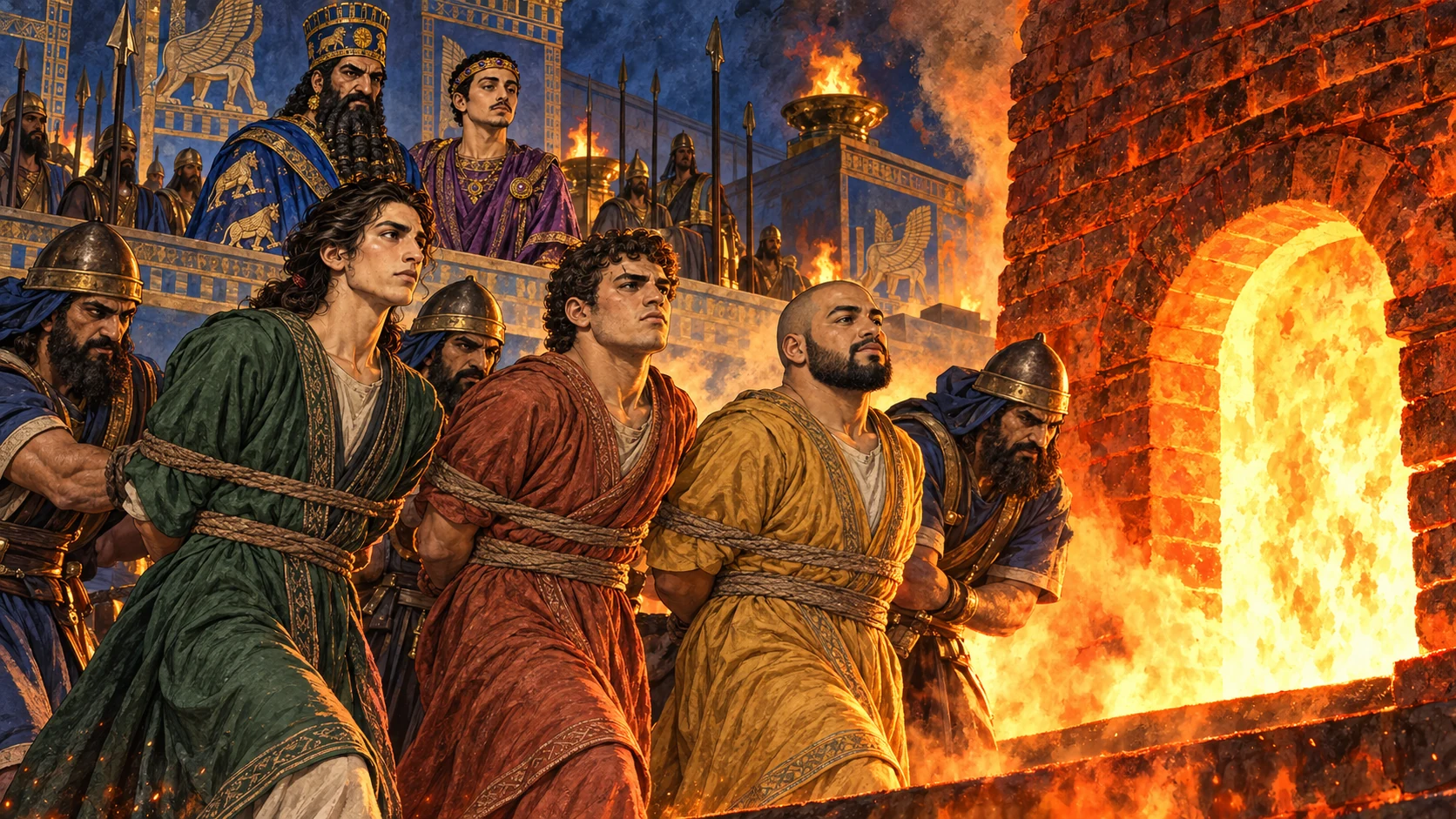 The furnace is overheated and the bound men are thrown inside.
