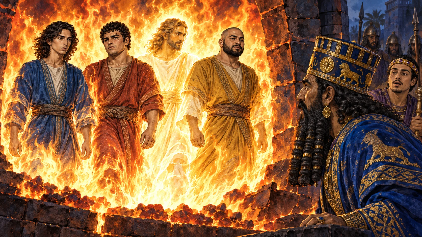 The king sees four unbound figures; the three emerge unharmed.