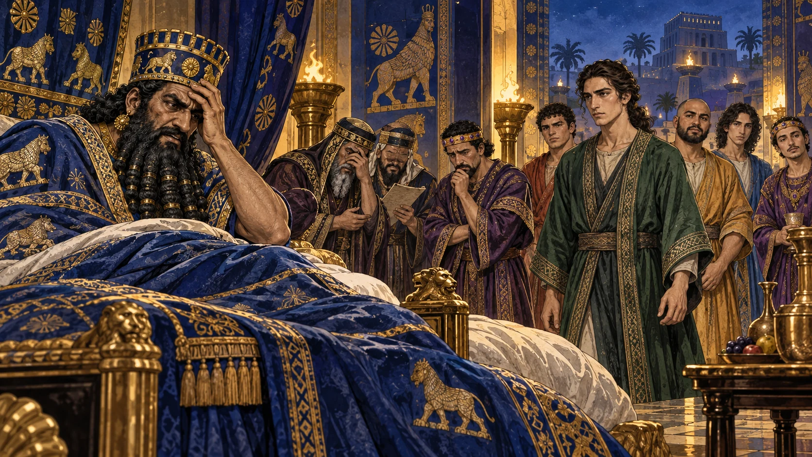 At peace in his palace, Nebuchadnezzar dreams and summons Daniel.