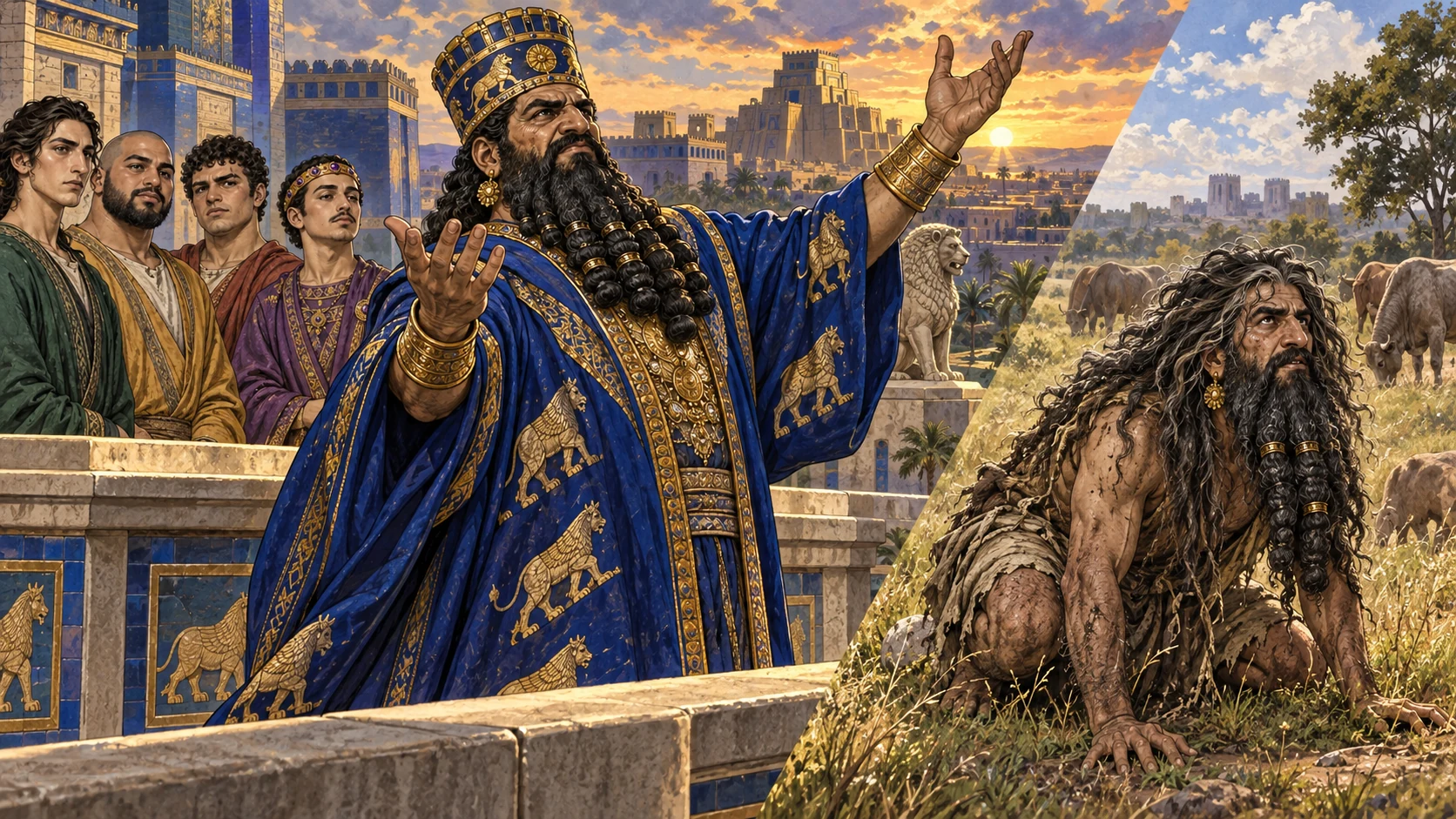 The boasting king loses reason and lives outdoors like an animal.