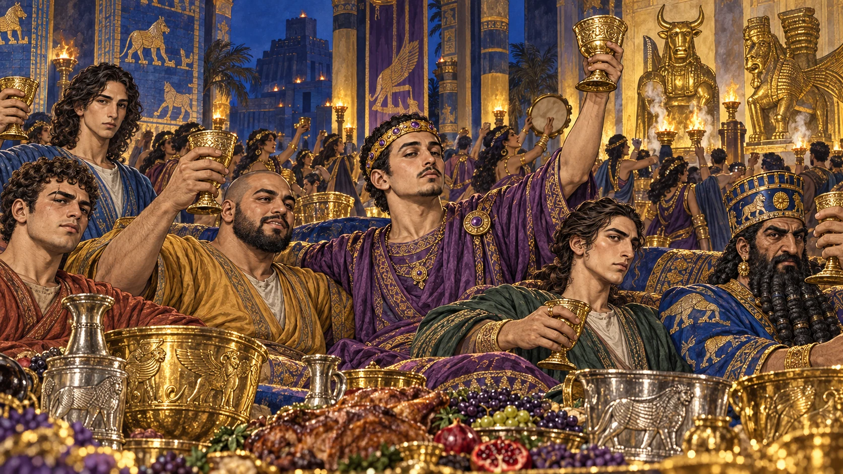 Belshazzar feasts and profanes the Jerusalem temple vessels.