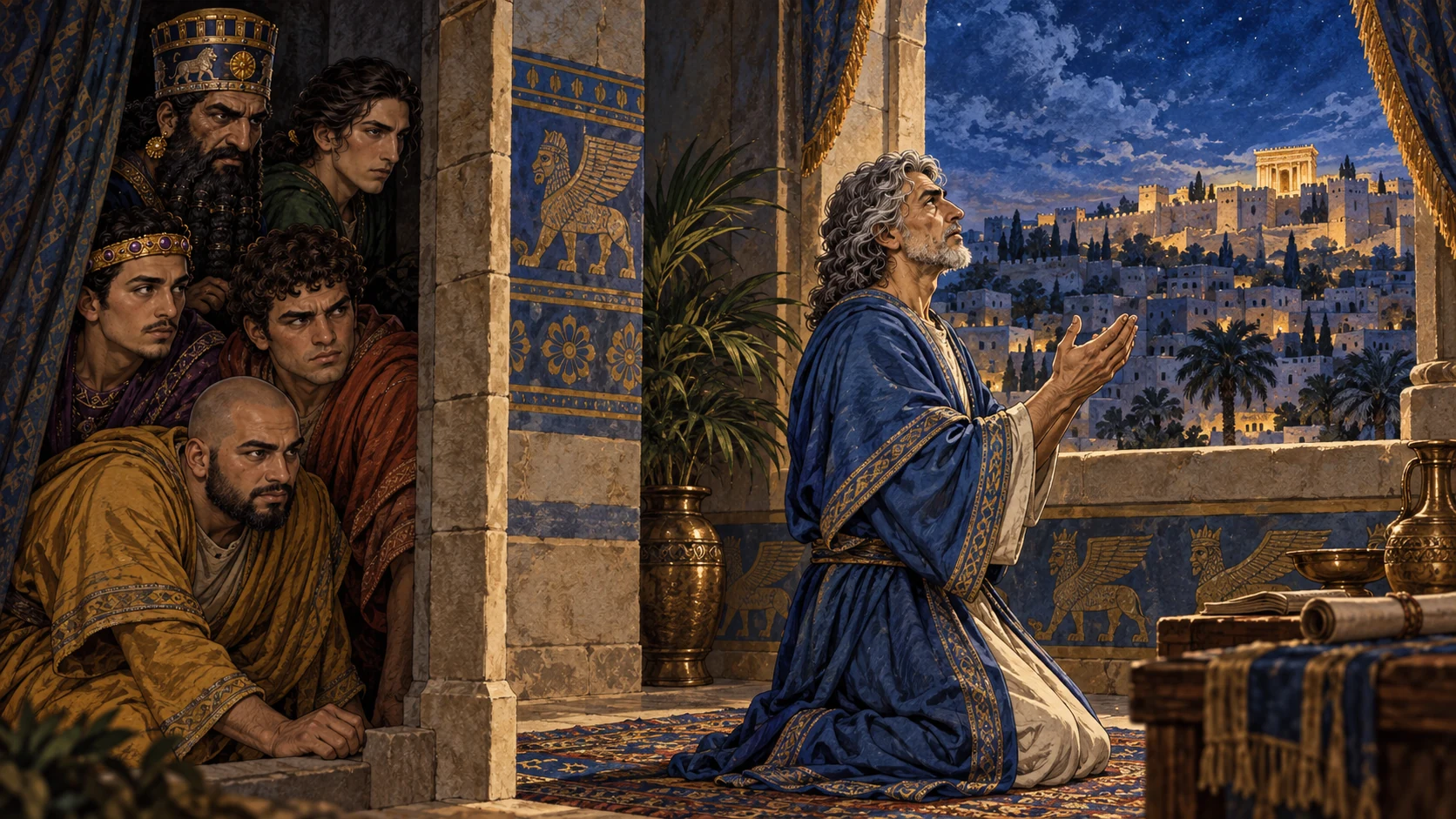 Daniel prays at his open window and is caught by the conspirators.