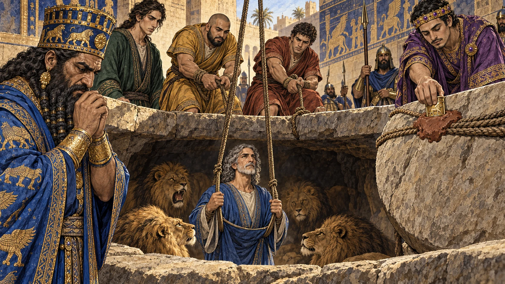 The distressed king cannot rescue Daniel and seals the lions’ den.