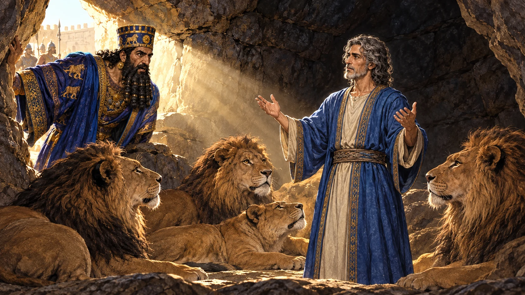 Darius runs to the den; Daniel answers that an angel shut the lions’ mouths.