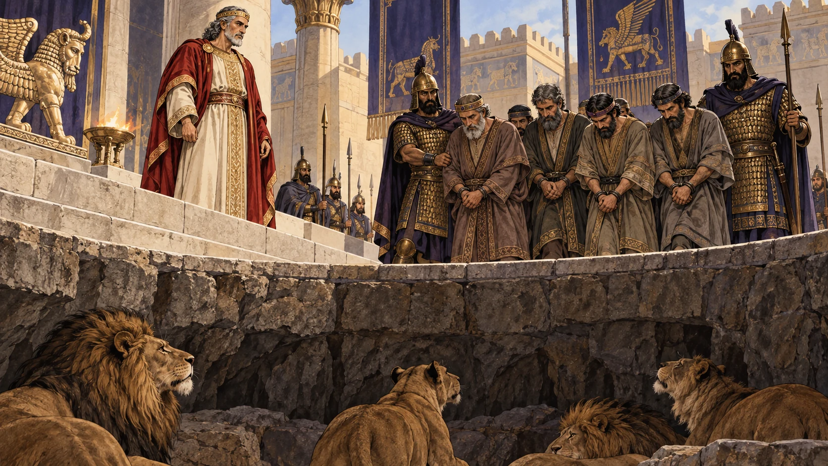The conspirators are cast into the den and the lions overpower them.