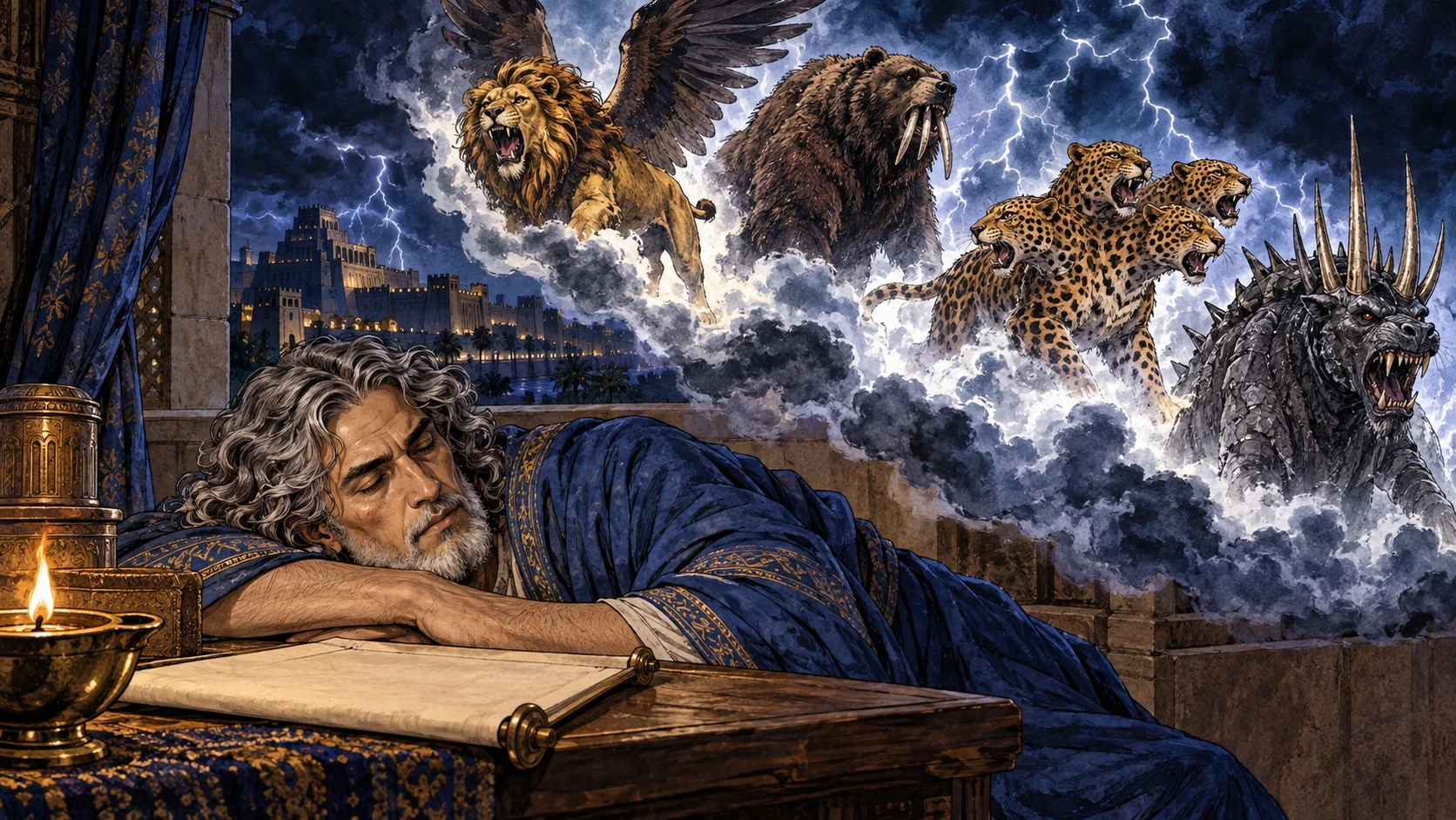 Daniel sleeps beside a writing tablet as a storm-filled vision begins.
