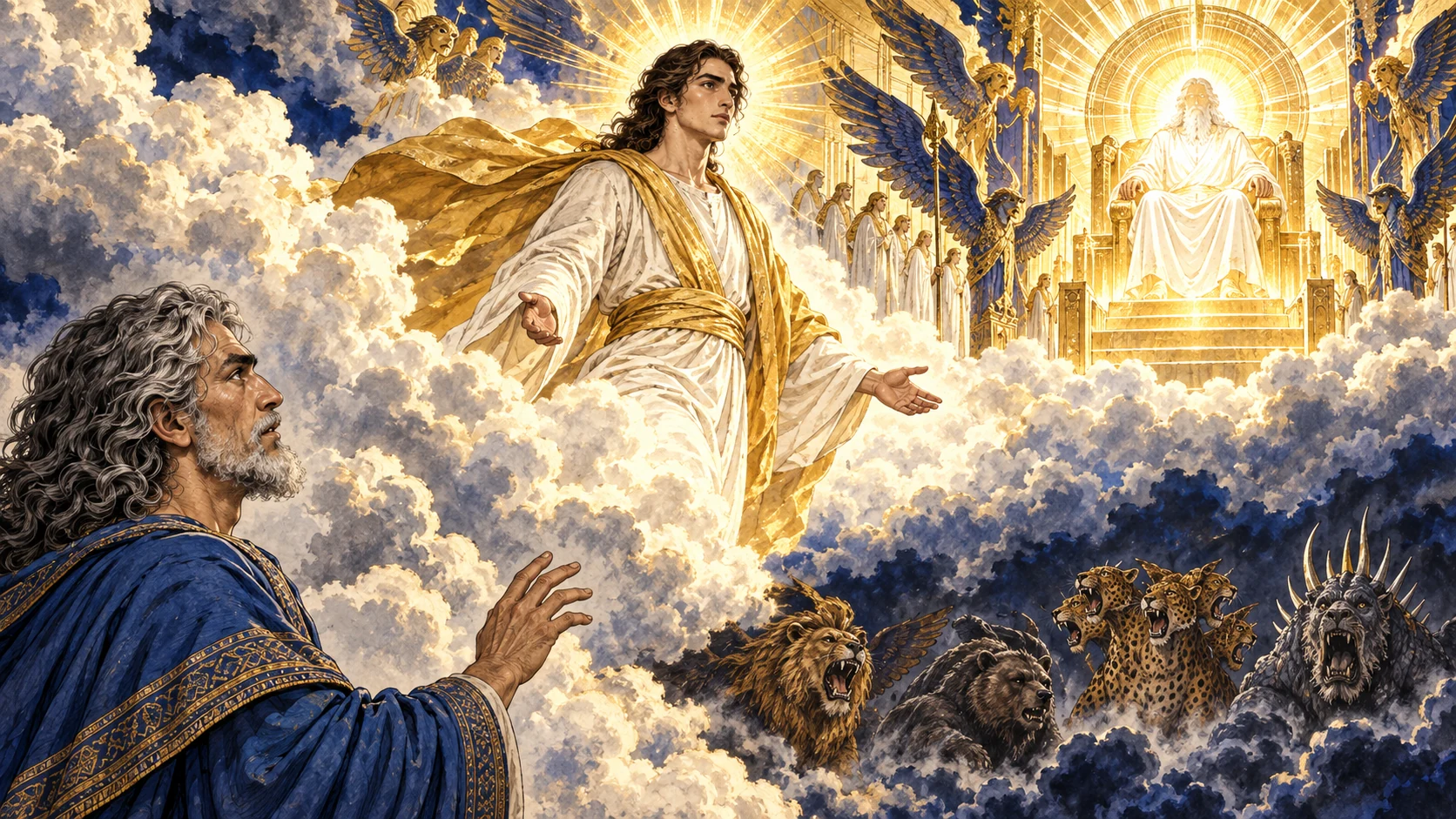 A humanlike figure comes with clouds and receives everlasting dominion.