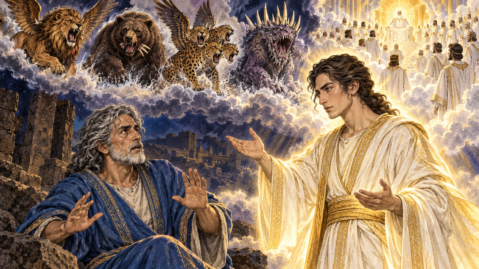 A heavenly attendant tells the frightened Daniel the beasts are kingdoms.