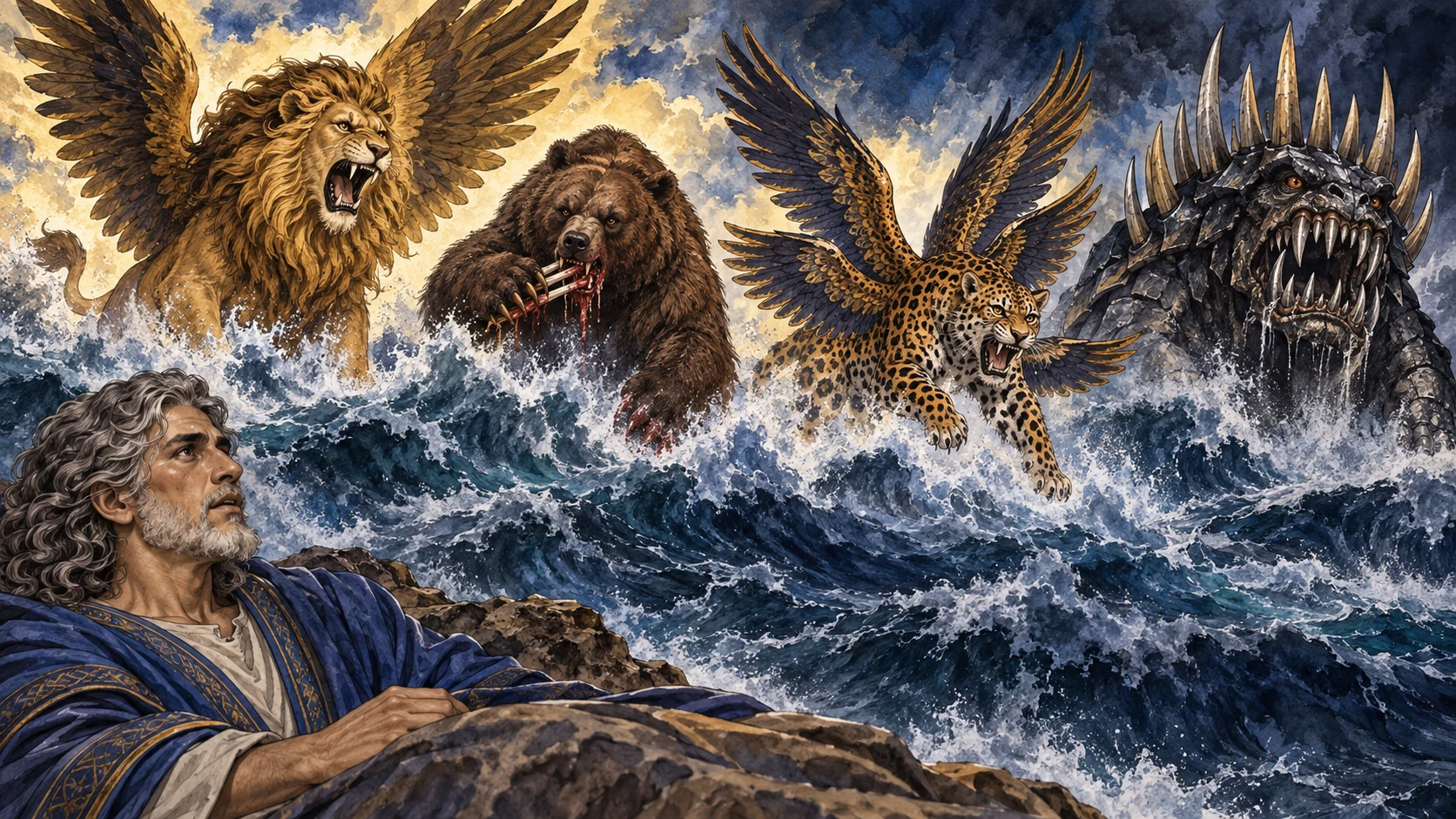 Four symbolic beasts rise from a wind-tossed sea; the fourth bears ten horns.
