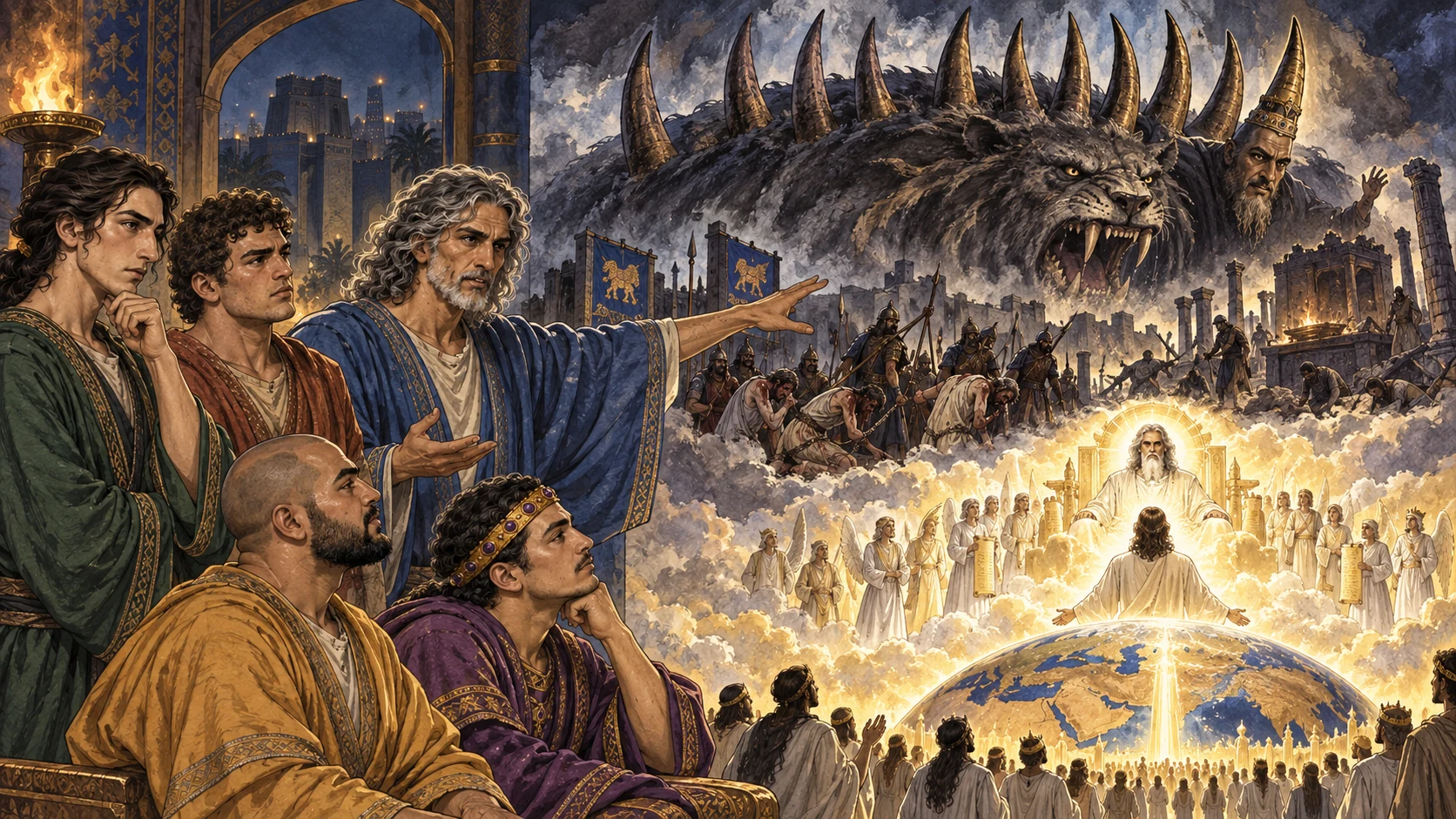 The attendant explains the final kingdom, horns, persecution, and enduring kingdom.