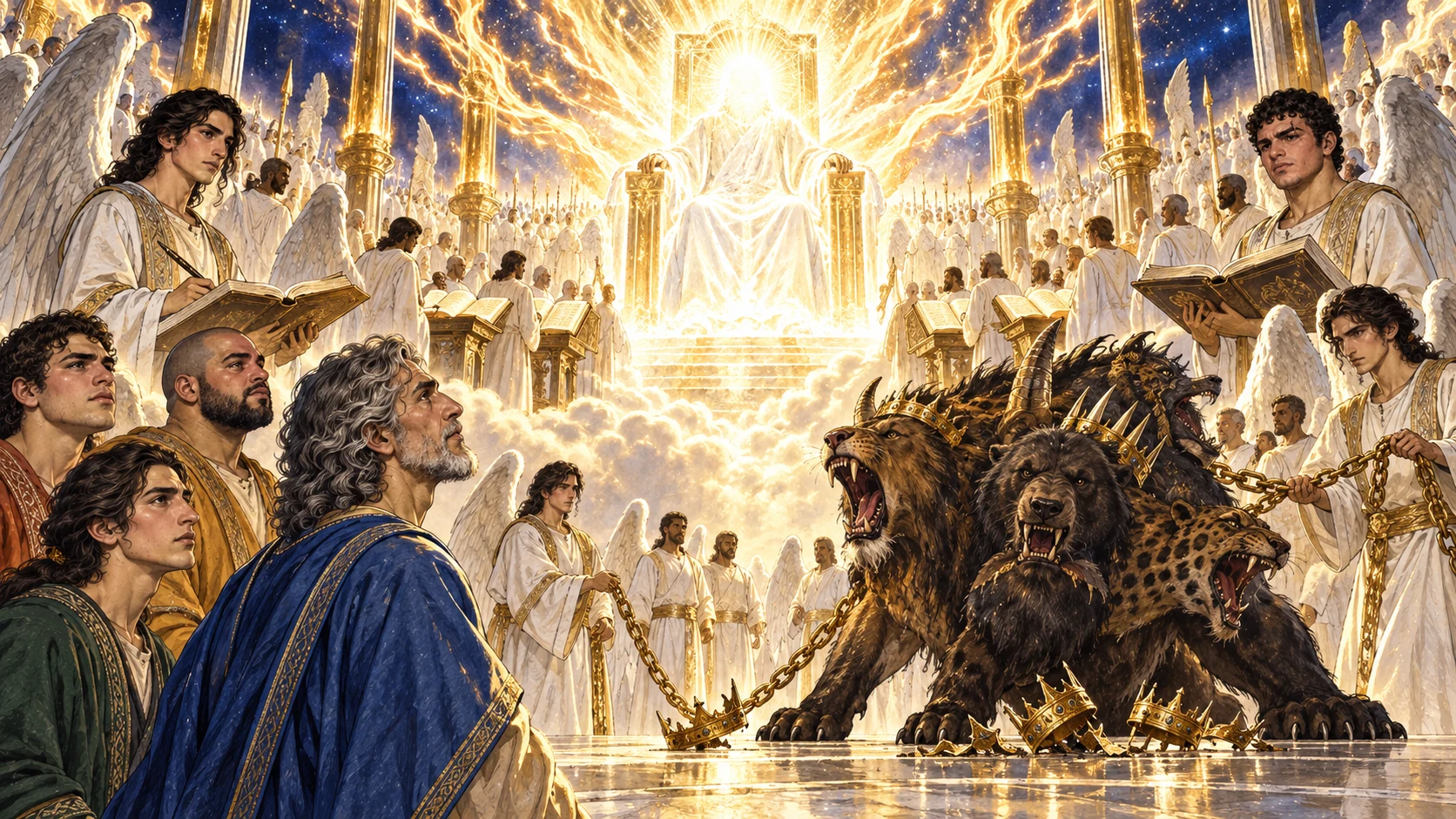 The Ancient of Days sits amid fire; books open and the boastful beast is judged.