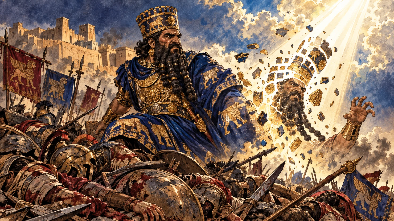 A symbolic ruthless king destroys many but is broken without human hand.