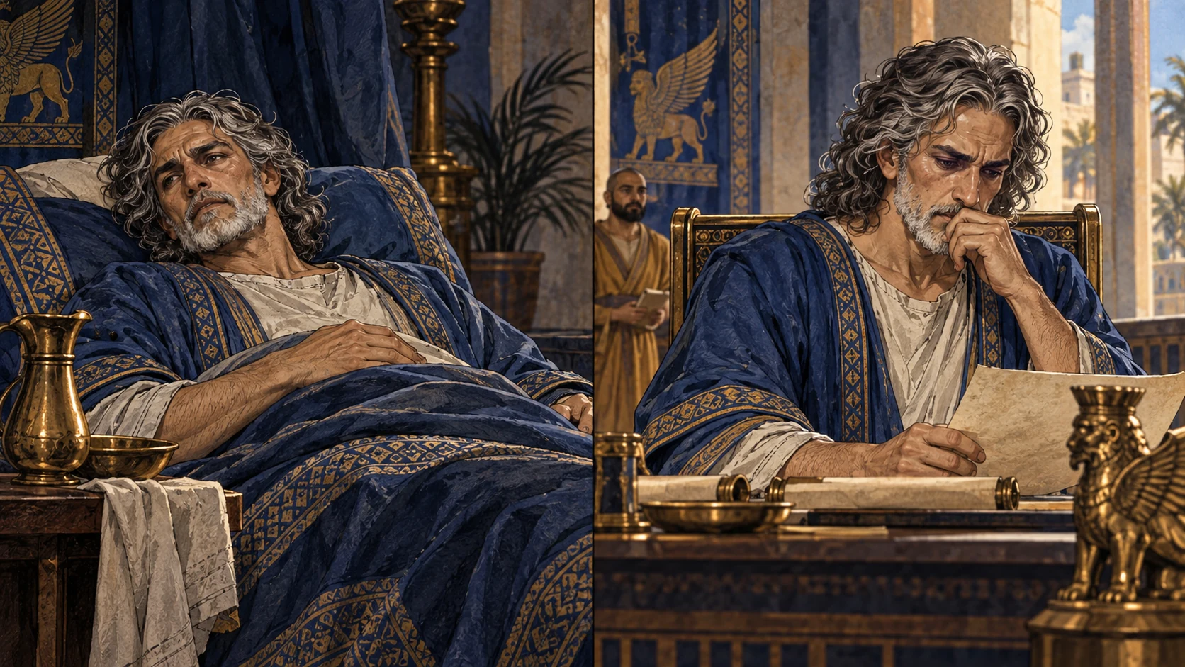 Daniel lies ill, then returns to royal work still appalled.