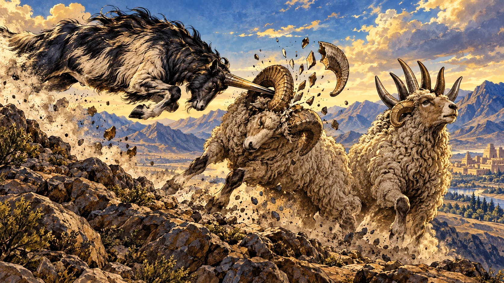 A swift one-horned goat strikes the ram; its great horn breaks into four.
