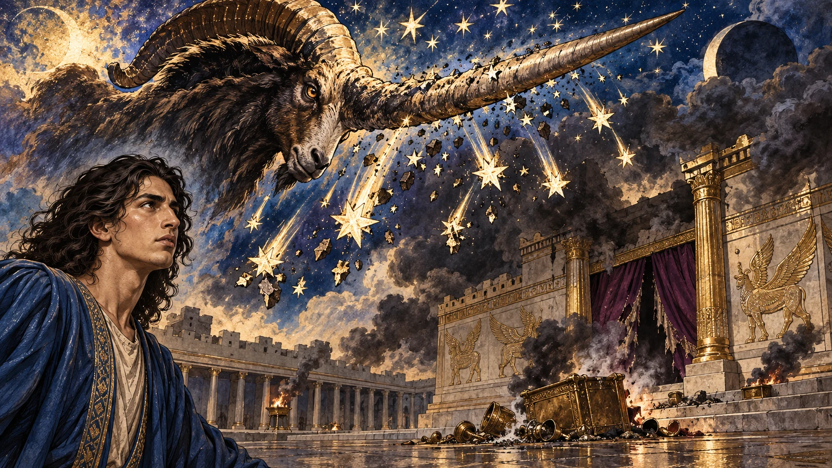 A small horn grows, casts down stars, and profanes the sanctuary symbolically.