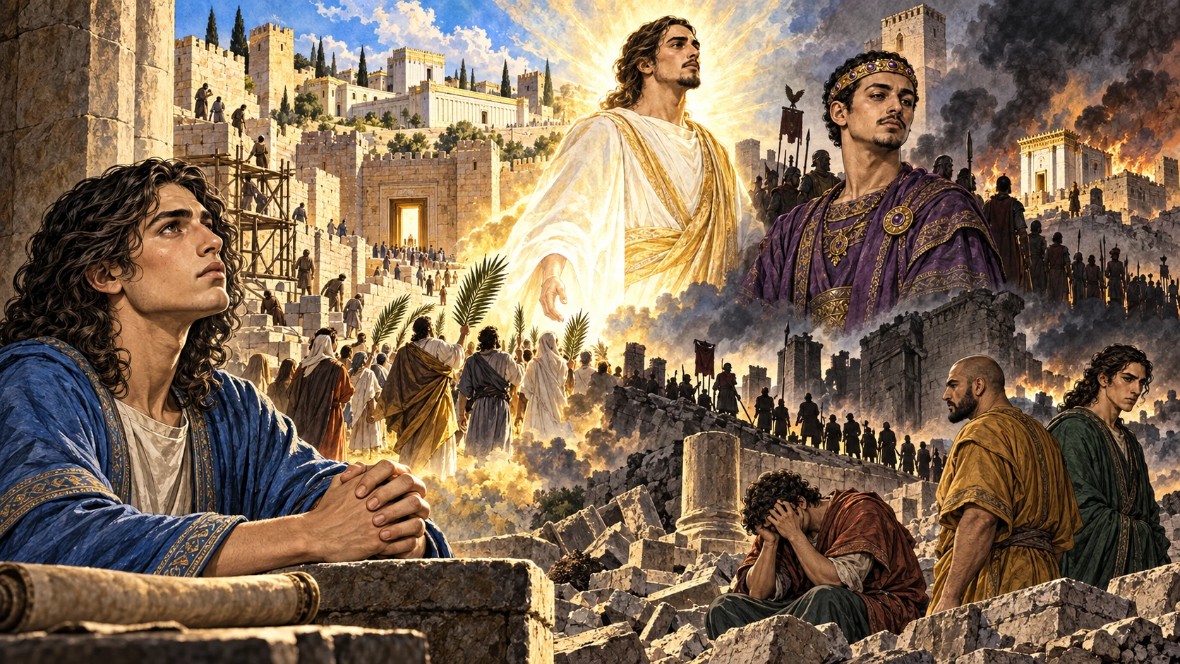 A layered symbolic vision of Jerusalem restored, an anointed one, conflict, and desolation.