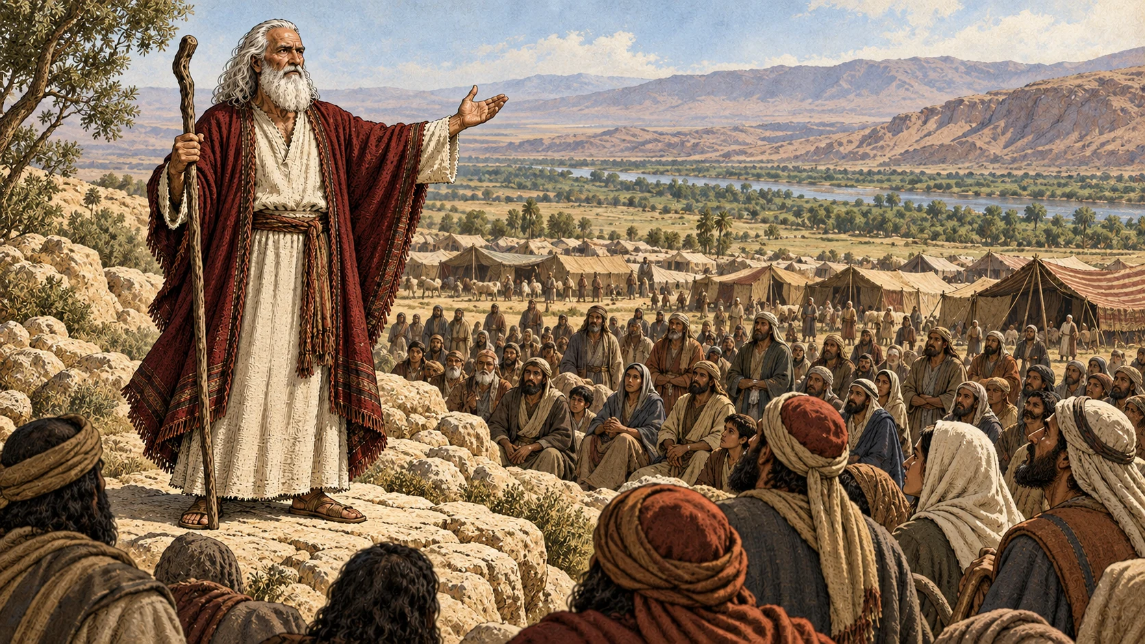 Moses stands with his staff before listeners in an encampment overlooking the Jordan valley.