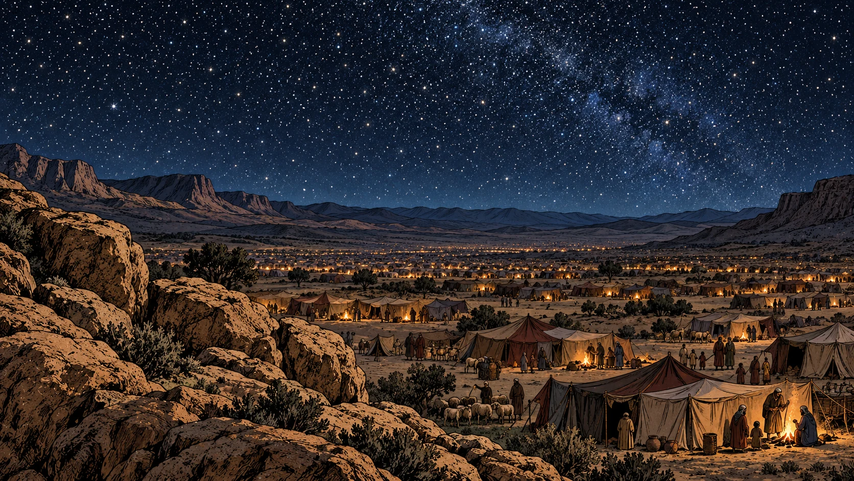 A broad ancient encampment glows with small fires beneath a densely starry sky.