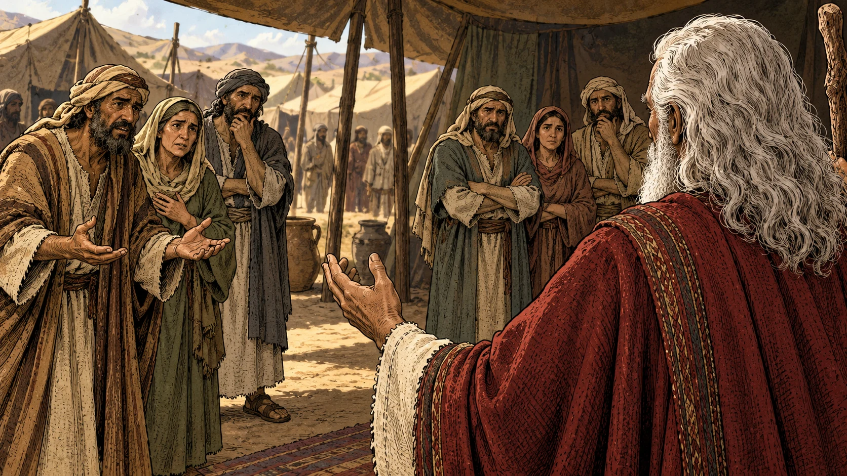 Two groups of concerned petitioners stand before Moses beneath tent shade.
