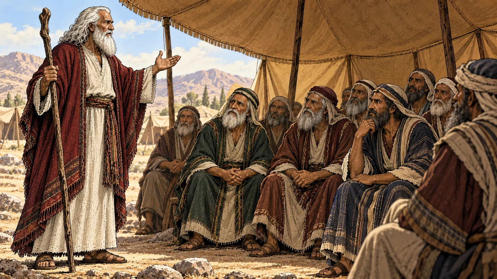 Moses addresses seated elders beneath a broad woven awning.