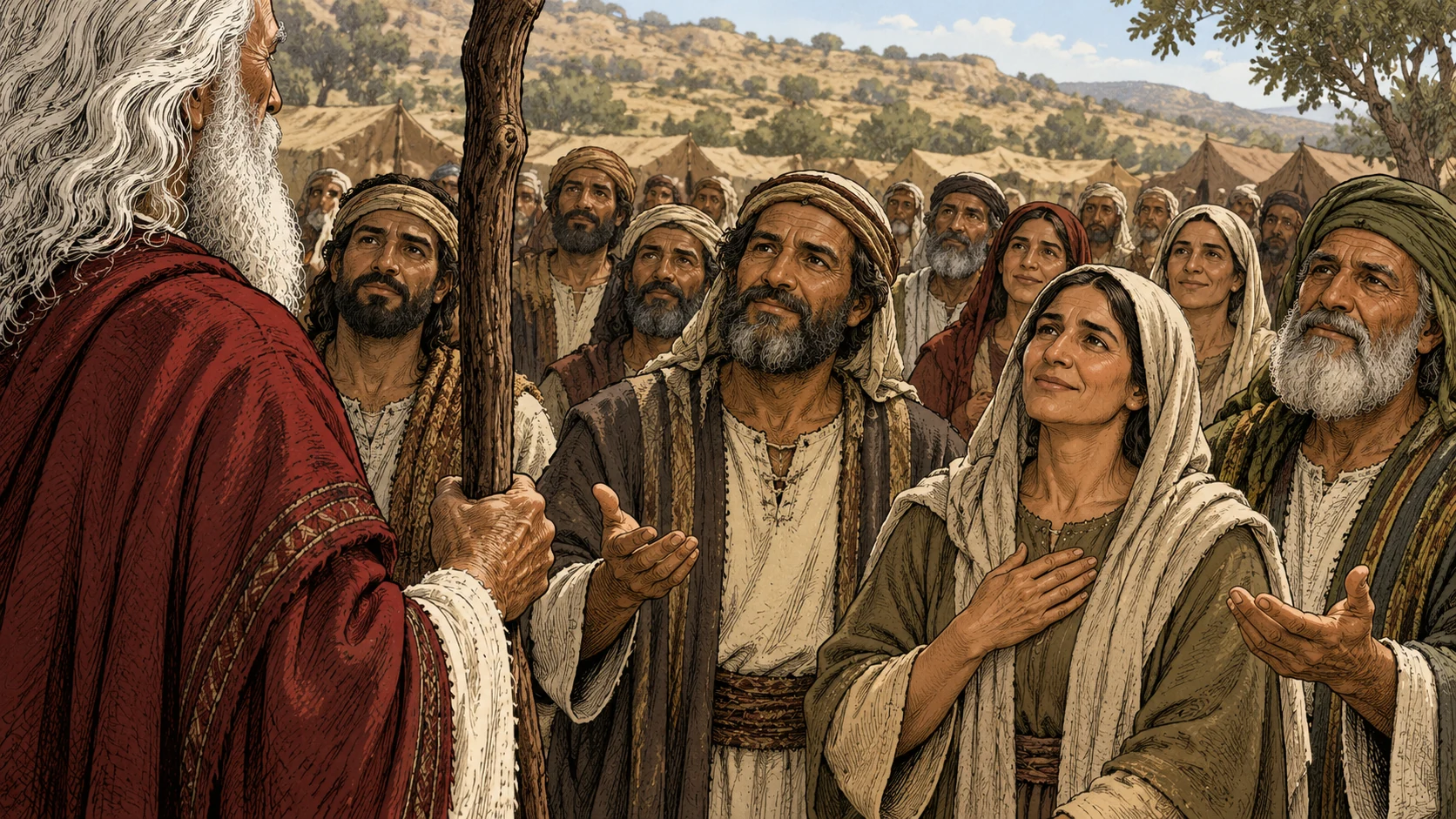Israelites respond with attentive approving expressions while Moses stands at the frame edge.